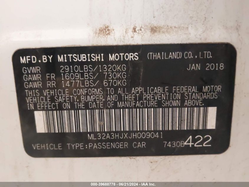 ML32A3HJXJH009041 2018 Mitsubishi Mirage Es