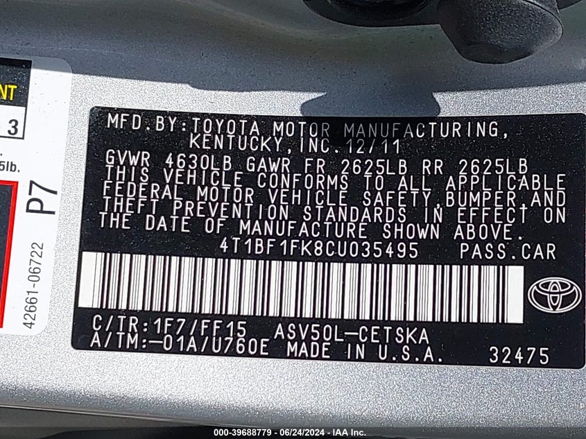 2012 Toyota Camry Se VIN: 4T1BF1FK8CU035495 Lot: 39688779