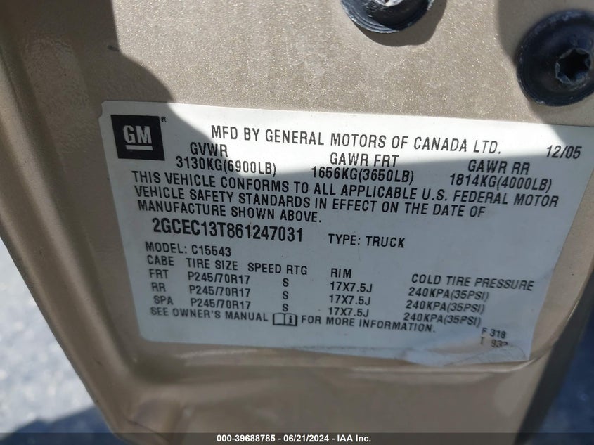 2006 Chevrolet Silverado 1500 Lt1 VIN: 2GCEC13T861247031 Lot: 39688785