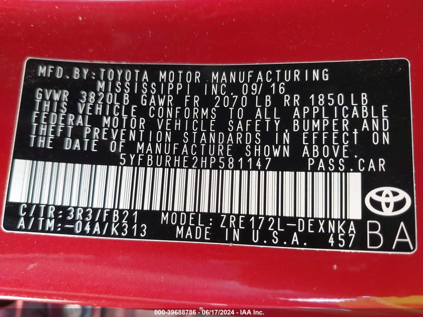 2017 Toyota Corolla Le VIN: 5YFBURHE2HP581147 Lot: 39688786