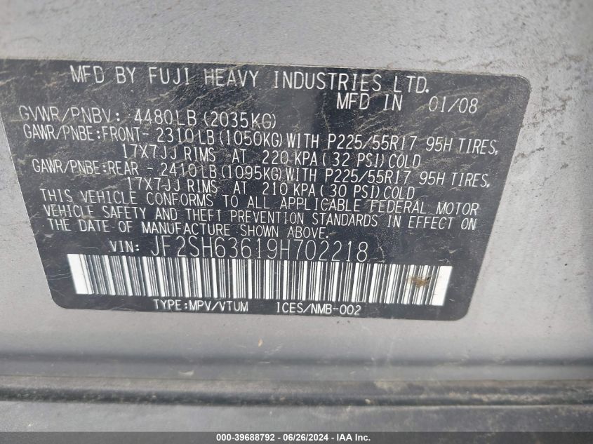 2009 Subaru Forester 2.5X Premium VIN: JF2SH63619H702218 Lot: 39688792
