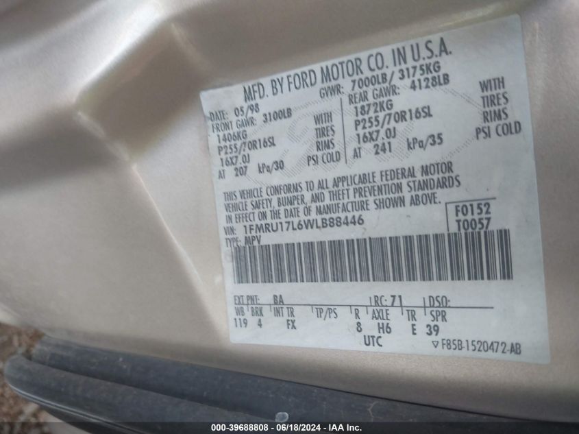 1998 Ford Expedition Eddie Bauer/Xlt VIN: 1FMRU17L6WLB88446 Lot: 39688808