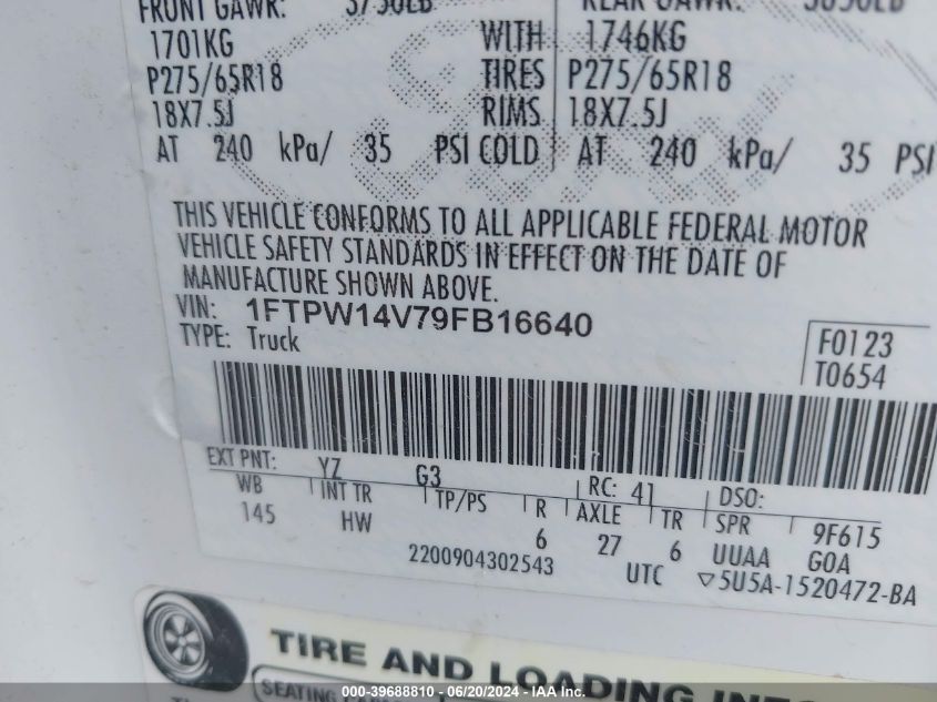 2009 Ford F-150 Fx4/King Ranch/Lariat/Platinum/Xl/Xlt VIN: 1FTPW14V79FB16640 Lot: 39688810