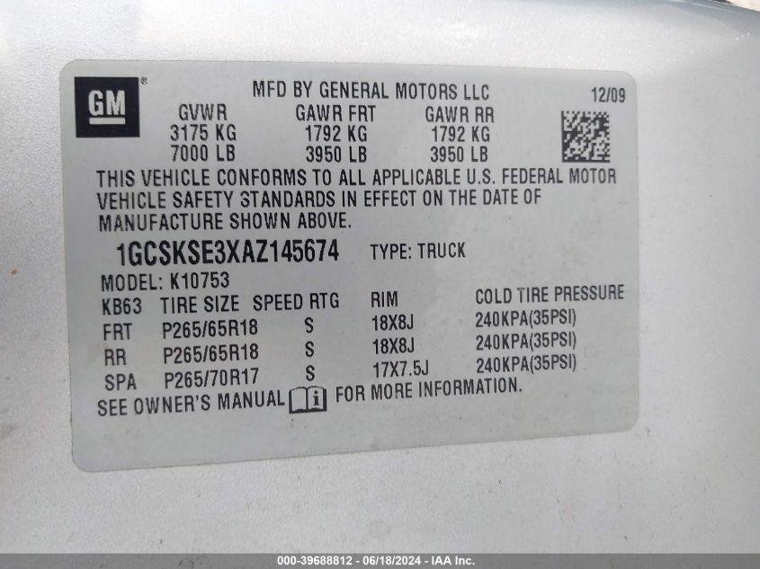 2010 Chevrolet Silverado 1500 Lt VIN: 1GCSKSE3XAZ145674 Lot: 39688812