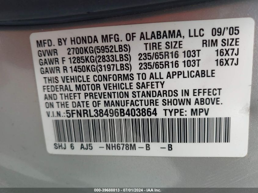 2006 Honda Odyssey Ex VIN: 5FNRL38496B403864 Lot: 39688813