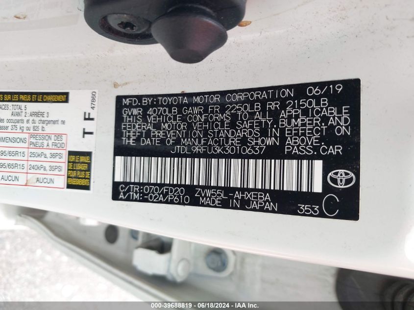 2019 Toyota Prius Le VIN: JTDL9RFU3K3010637 Lot: 39688819