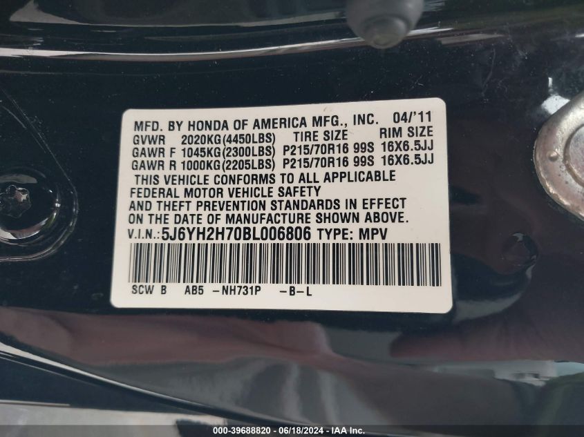 2011 Honda Element Ex VIN: 5J6YH2H70BL006806 Lot: 39688820