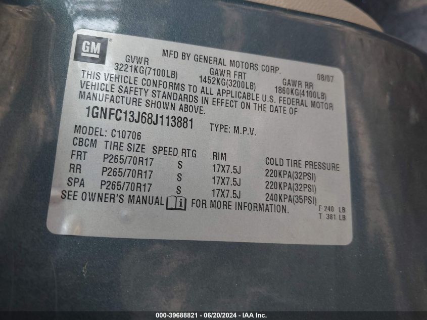 2008 Chevrolet Tahoe C1500 VIN: 1GNFC13J68J113881 Lot: 39688821