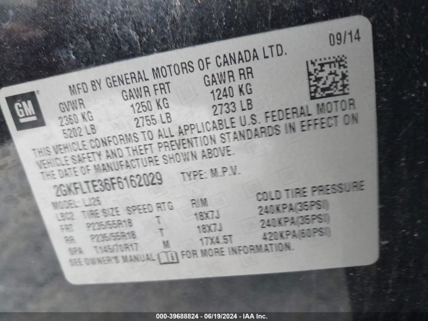 2015 GMC Terrain Slt VIN: 2GKFLTE36F6162029 Lot: 39688824