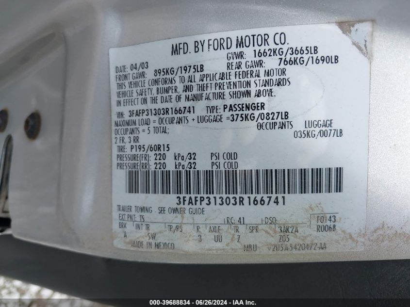 3FAFP31303R166741 2003 Ford Focus Zx3