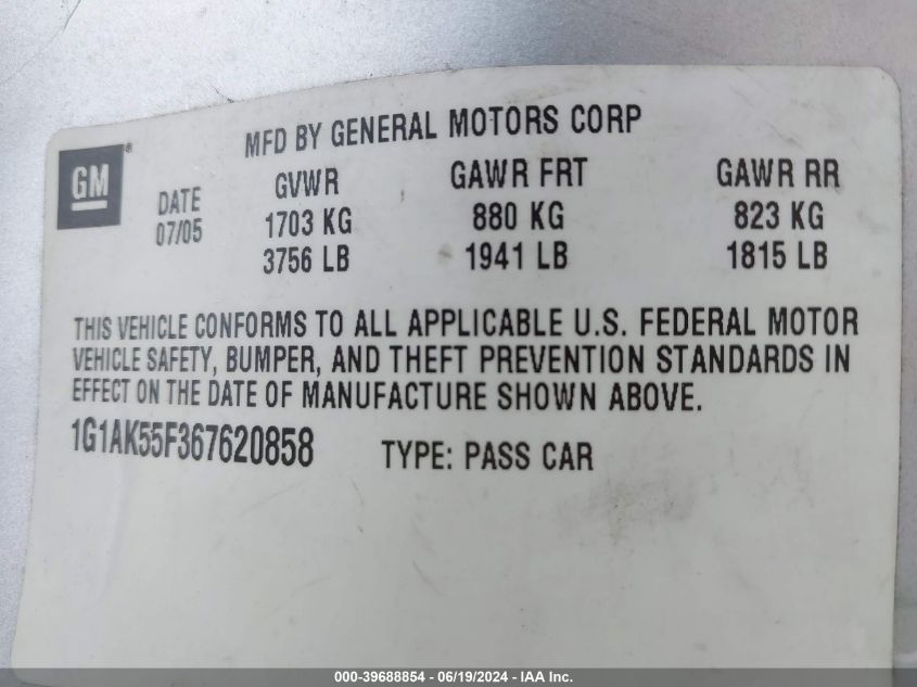 2006 Chevrolet Cobalt Ls VIN: 1G1AK55F367620858 Lot: 39688854