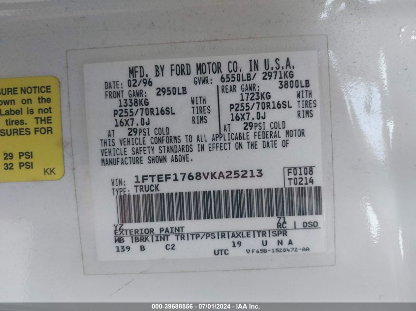 1997 Ford F-150 Lariat/Standard/Xl/Xlt VIN: 1FTEF1768VKA25213 Lot: 39688856
