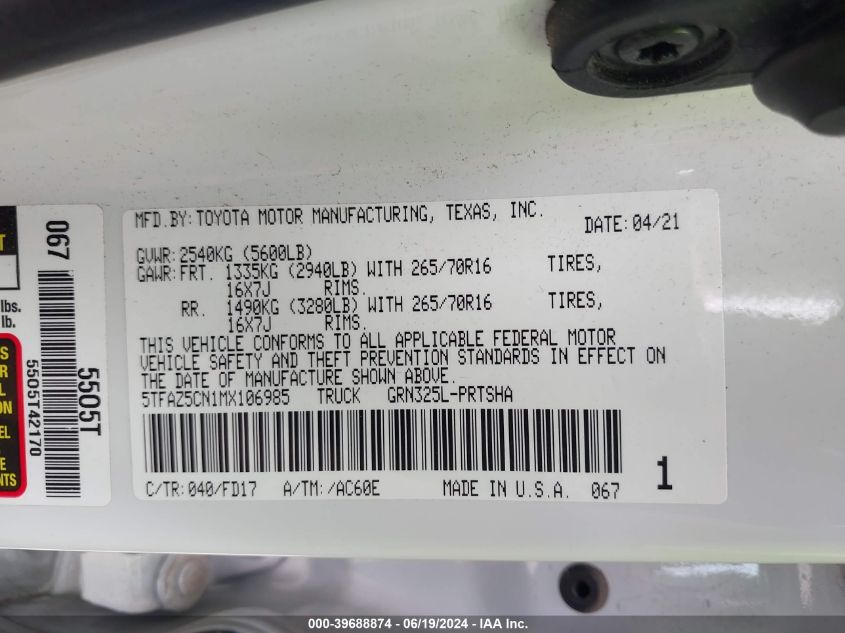 2021 Toyota Tacoma Double Cab/Sr5/Trd Sport/Trd Off Road VIN: 5TFAZ5CN1MX106985 Lot: 39688874