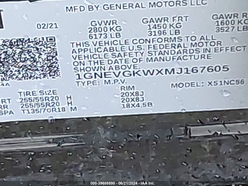 2021 Chevrolet Traverse Awd Lt Cloth VIN: 1GNEVGKWXMJ167605 Lot: 39688895