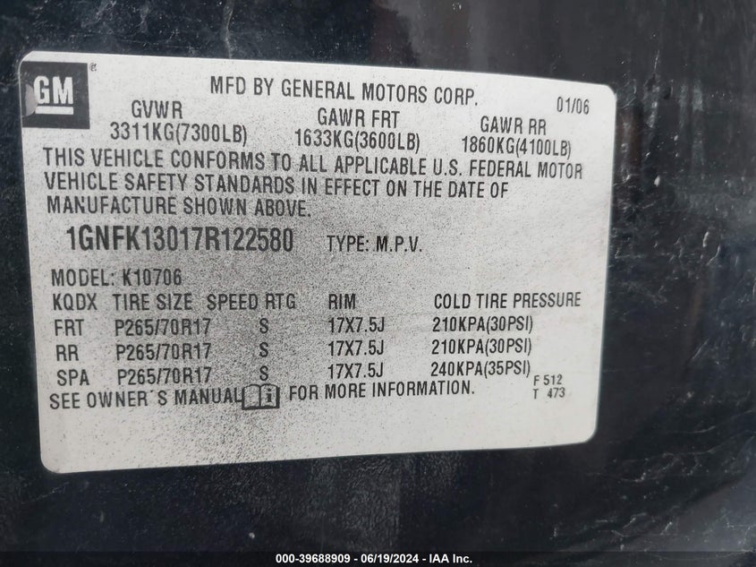 2007 Chevrolet Tahoe K1500 VIN: 1GNFK13017R122580 Lot: 39688909