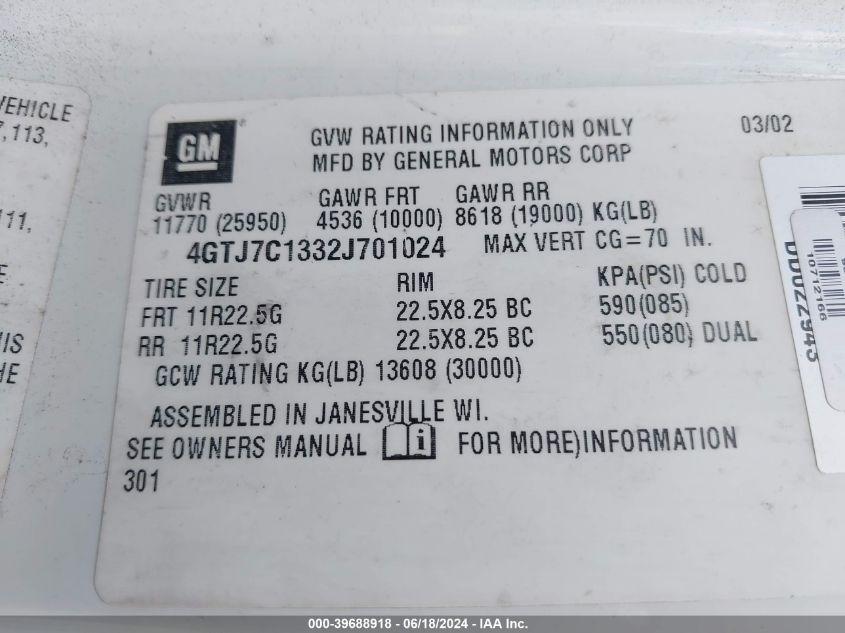 2002 Isuzu Ftr VIN: 4GTJ7C1332J701024 Lot: 39688918