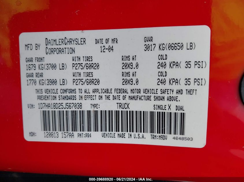 2005 Dodge Ram 1500 Slt/Laramie VIN: 1D7HA18D25J567038 Lot: 39688920