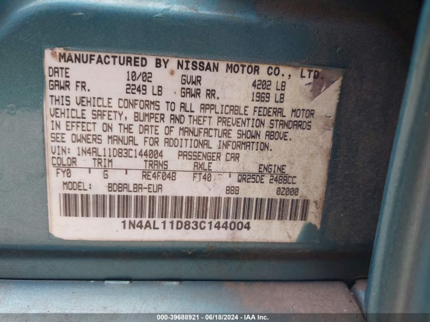 2003 Nissan Altima 2.5 S VIN: 1N4AL11D83C144004 Lot: 39688921