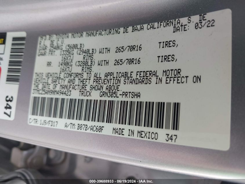 2022 Toyota Tacoma Double Cab/Sr/Sr5/Trd Sport/Trd Off Road/Trd Pro VIN: 3TMCZ5AN9NM494423 Lot: 39688933