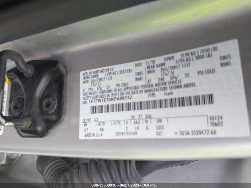 2019 Ford F-150 Xlt VIN: 1FTFW1E53KFA09312 Lot: 39688936