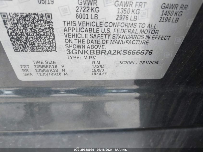 2019 Chevrolet Blazer VIN: 3GNKBBRA2KS666676 Lot: 39688939