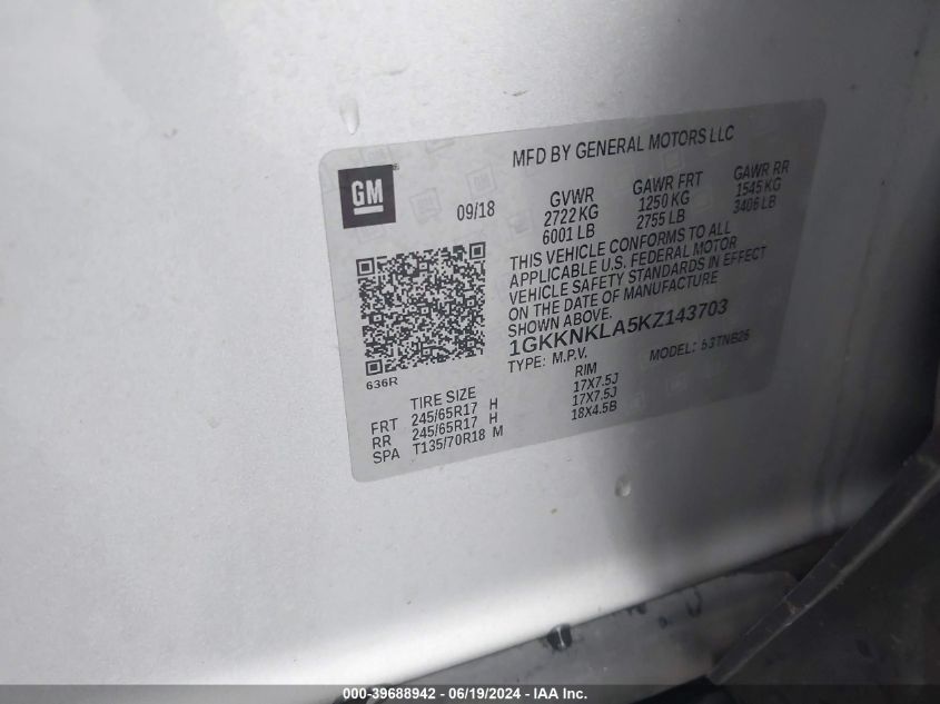 2019 GMC Acadia Sle VIN: 1GKKNKLA5KZ143703 Lot: 39688942