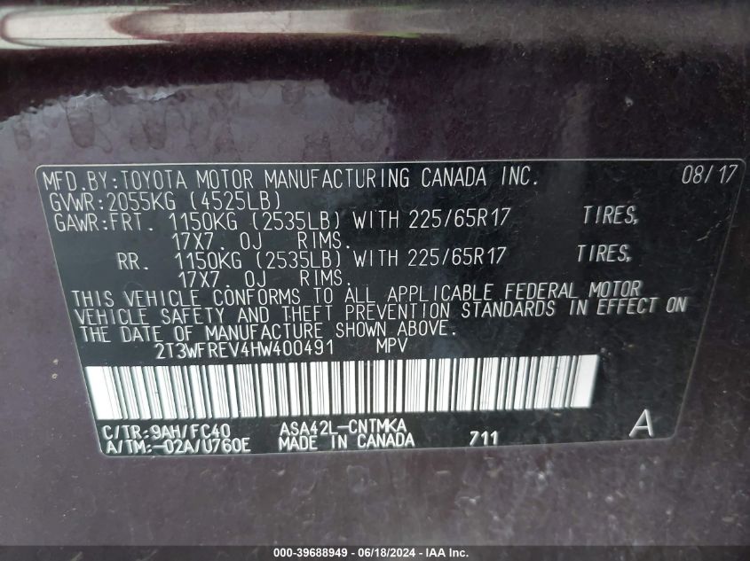 2017 Toyota Rav4 Xle VIN: 2T3WFREV4HW400491 Lot: 39688949