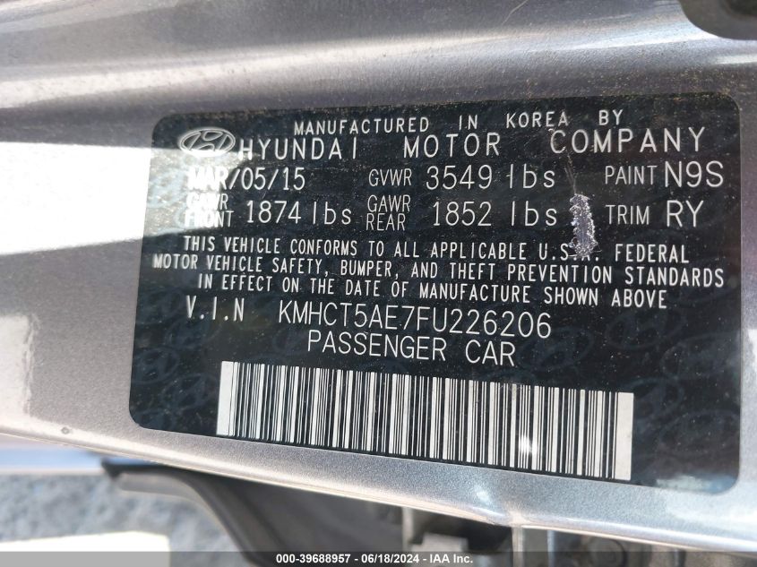 2015 Hyundai Accent Gs VIN: KMHCT5AE7FU226206 Lot: 39688957