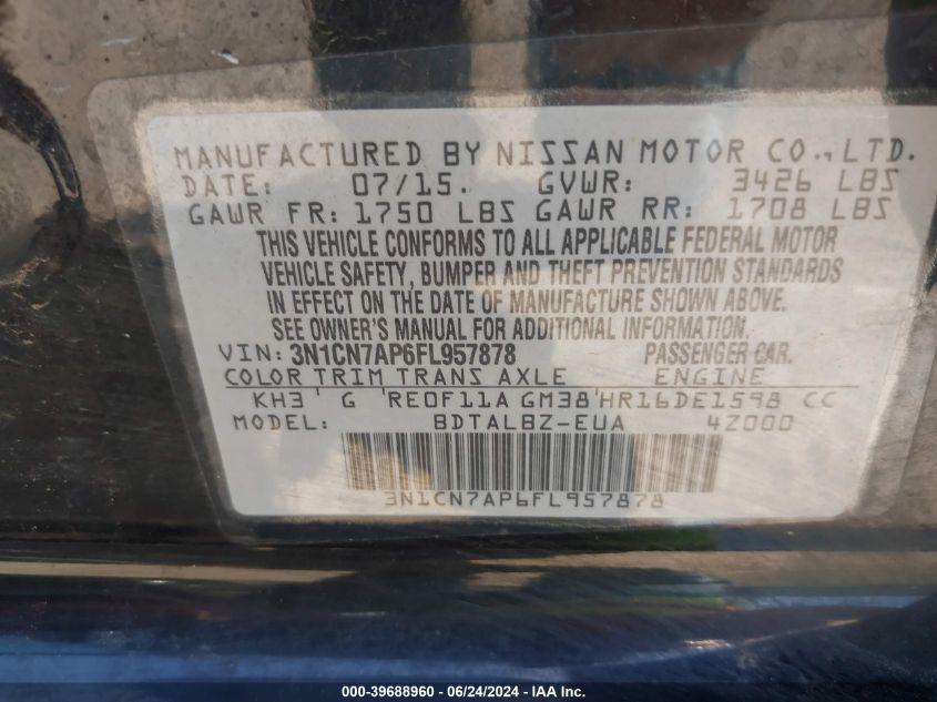 2015 Nissan Versa 1.6 Sv VIN: 3N1CN7AP6FL957878 Lot: 39688960