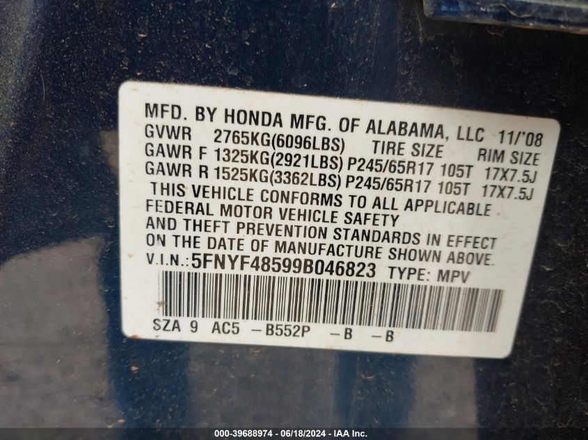 2009 Honda Pilot Ex-L VIN: 5FNYF48599B046823 Lot: 39688974