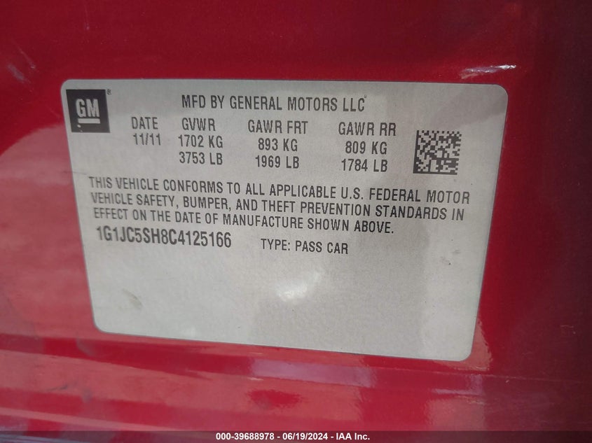 2012 Chevrolet Sonic Lt VIN: 1G1JC5SH8C4125166 Lot: 39688978