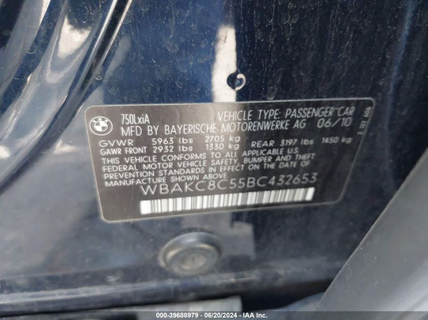 2011 BMW 750 Lxi VIN: WBAKC8C55BC432653 Lot: 39688979