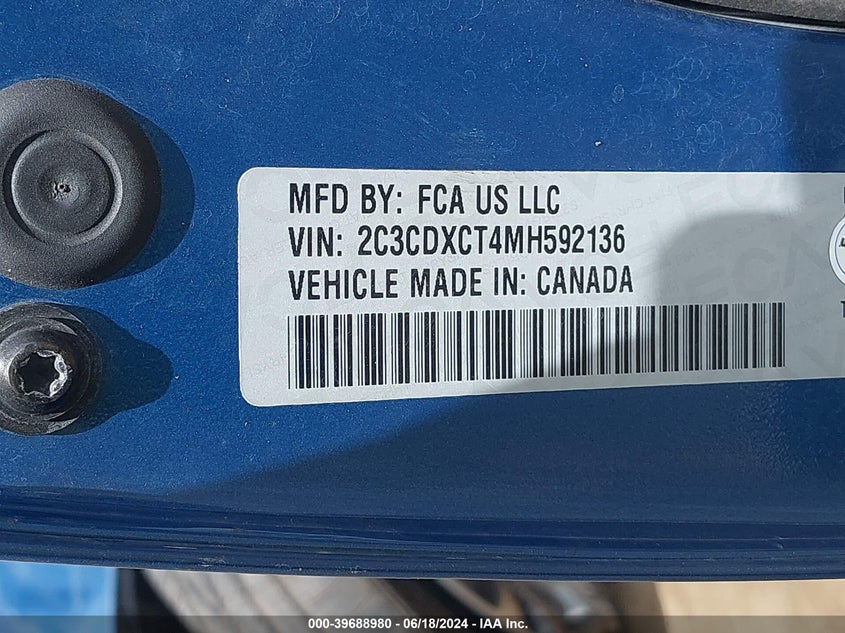 2021 Dodge Charger R/T Rwd VIN: 2C3CDXCT4MH592136 Lot: 39688980