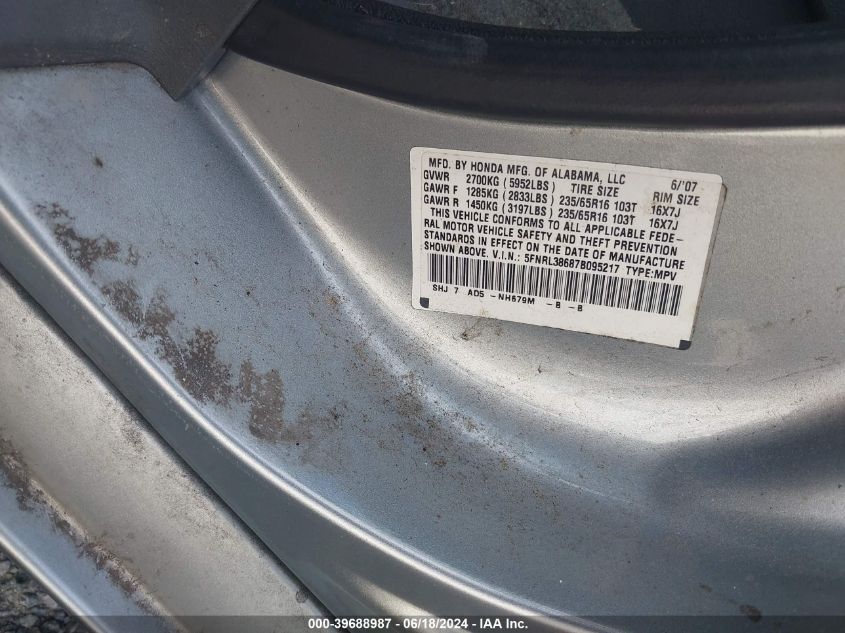 2007 Honda Odyssey Ex-L VIN: 5FNRL38687B095217 Lot: 39688987