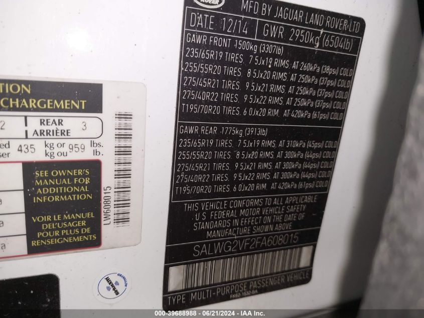 2015 Land Rover Range Rover Sport Se VIN: SALWG2VF2FA608015 Lot: 39688988