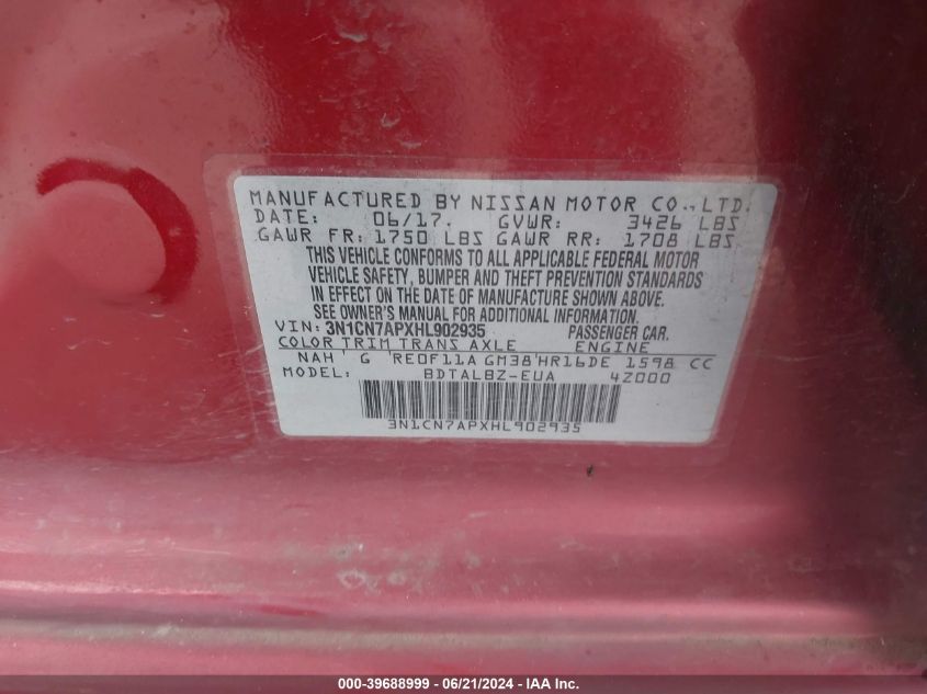 2017 Nissan Versa 1.6 Sv VIN: 3N1CN7APXHL902935 Lot: 39688999