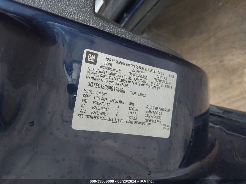 2009 GMC Sierra 1500 Sl VIN: 3GTEC13C69G174480 Lot: 39689008