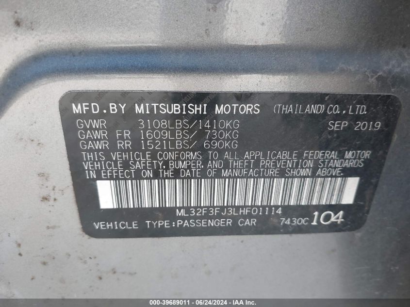 2020 Mitsubishi Mirage G4 Es VIN: ML32F3FJ3LHF01114 Lot: 39689011