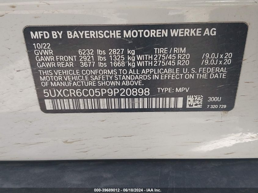 2023 BMW X5 xDrive40I VIN: 5UXCR6C05P9P20898 Lot: 39689012