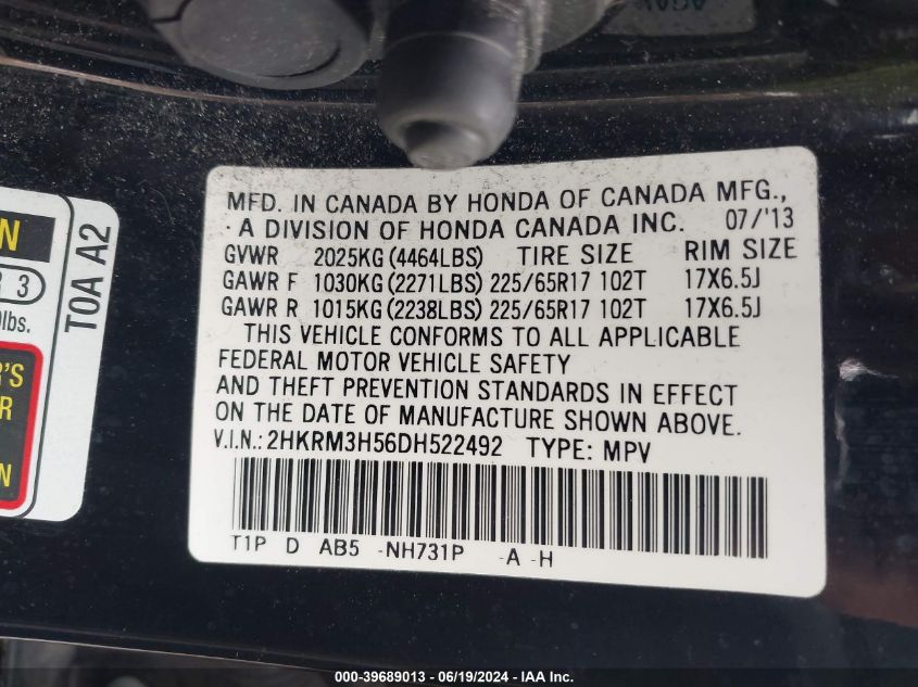 2013 Honda Cr-V Ex VIN: 2HKRM3H56DH522492 Lot: 39689013