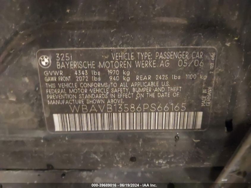 2006 BMW 325I VIN: WBAVB13586PS66165 Lot: 39689016
