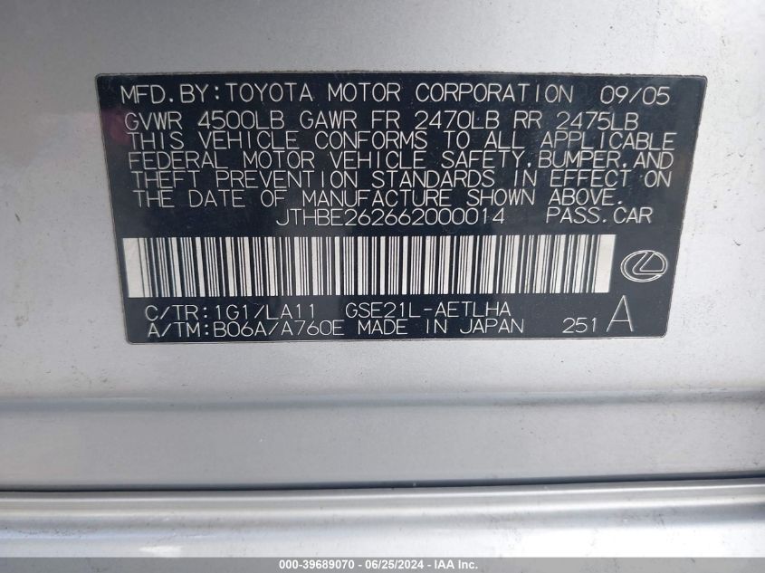 2006 Lexus Is 350 VIN: JTHBE262662000014 Lot: 39689070