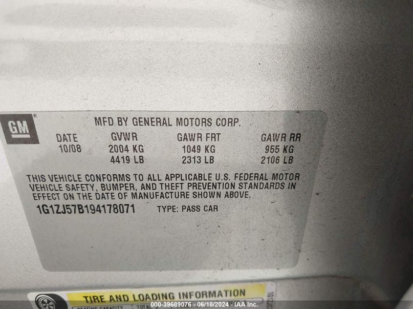 2009 Chevrolet Malibu Lt VIN: 1G1ZJ57B194178071 Lot: 39689076