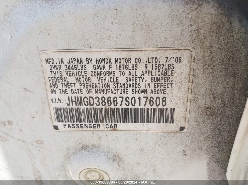2007 Honda Fit Sport VIN: JHMGD38667S017606 Lot: 39689084