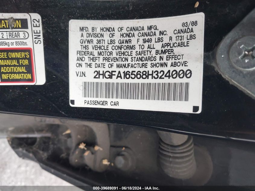 2008 Honda Civic Lx VIN: 2HGFA16568H324000 Lot: 39689091