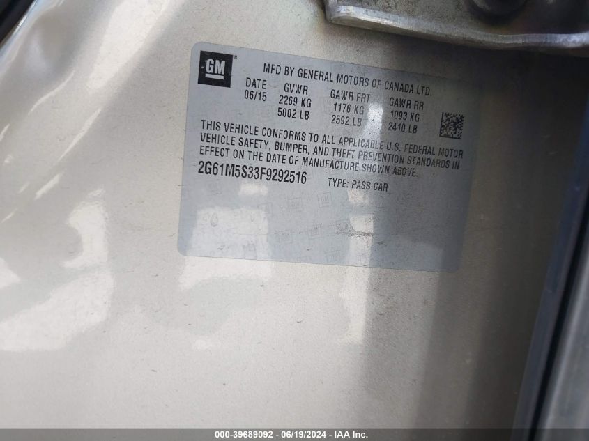 2015 Cadillac Xts Luxury VIN: 2G61M5S33F9292516 Lot: 39689092