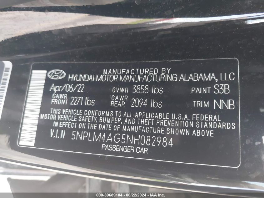 VIN 5NPLM4AG5NH082984 2022 HYUNDAI ELANTRA SEL