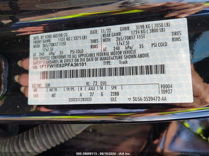 VIN 1FTFW1E82PFA36101 2023 FORD F-150 XLT