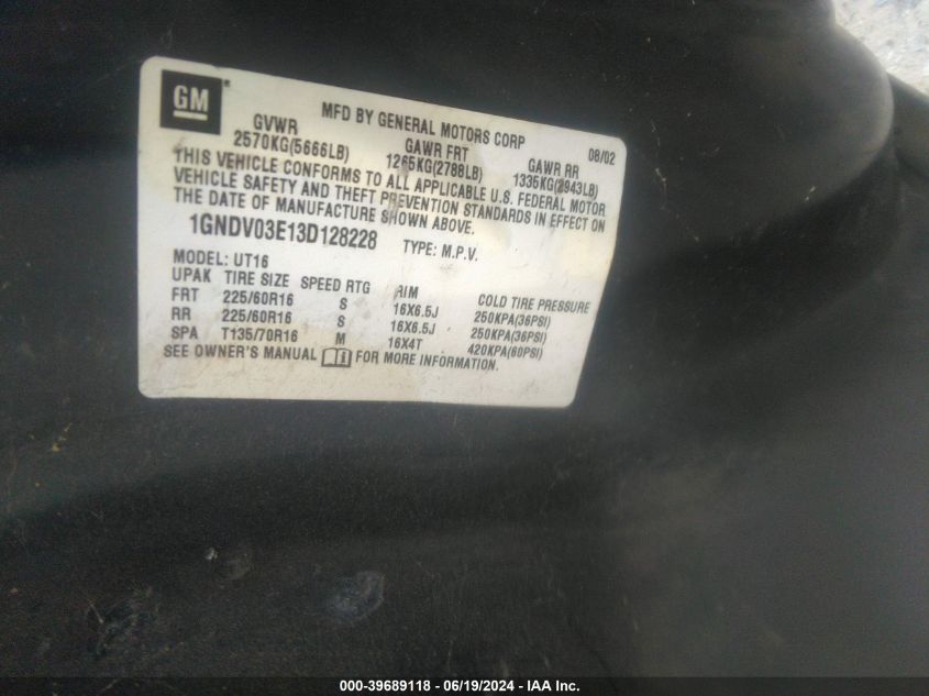 2003 Chevrolet Venture Ls VIN: 1GNDV03E13D128228 Lot: 39689118