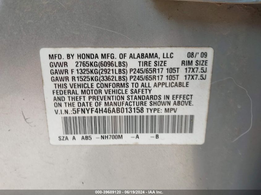 2010 Honda Pilot Ex VIN: 5FNYF4H46AB013158 Lot: 39689120